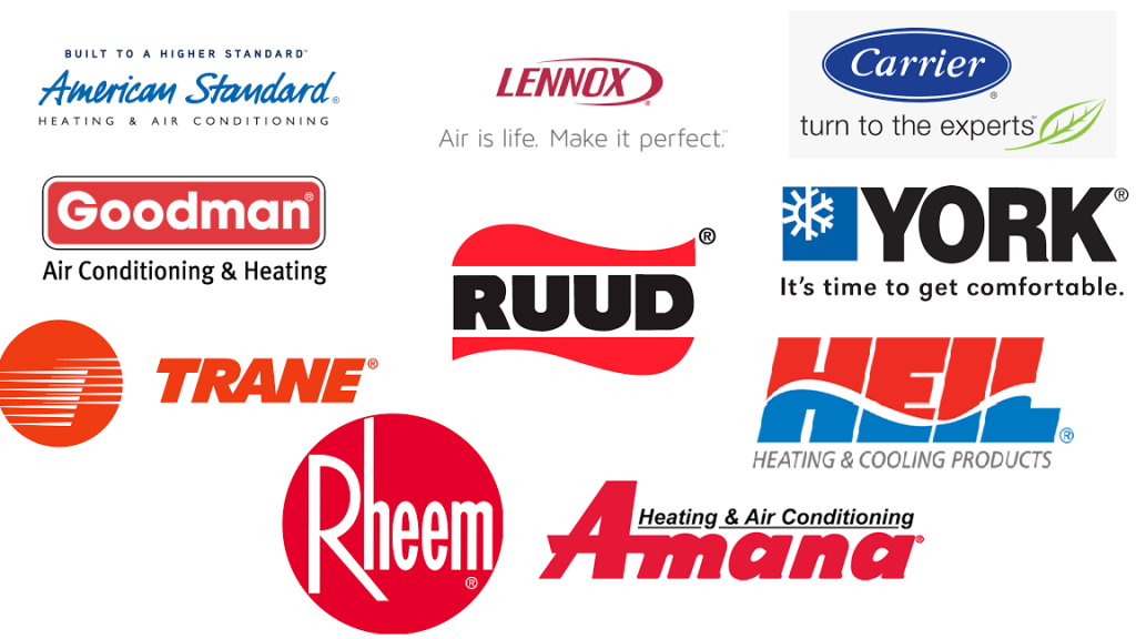 Technician servicing HVAC units from top brands including Rheem, York, and American Standard